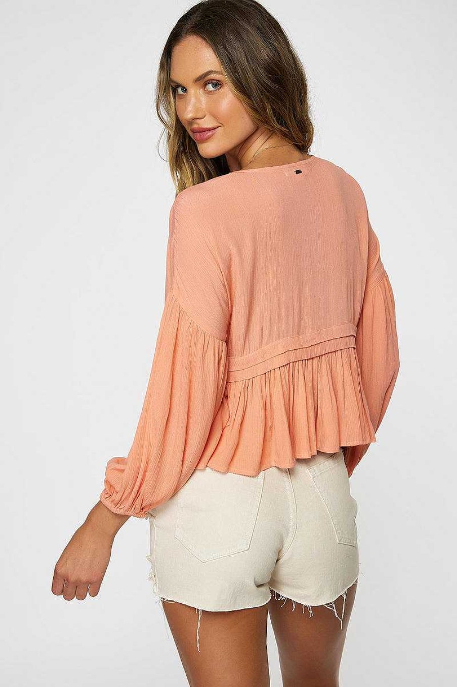 Women'S O'Neill Shirts | Mary Solid Long Sleeve Top For Women Peach