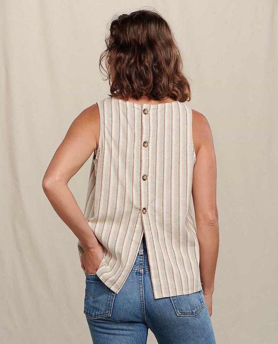 Women'S Toad&Co Tank Tops | Taj Hemp Button Back Tank Top For Women Egret Thin Stripe