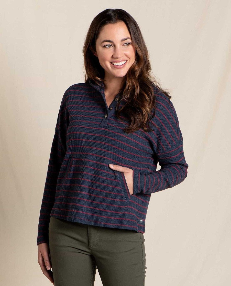 Women'S Toad&Co Shirts | Foothill Long Sleeve Hoodie For Women True Navy Foothill Stripe