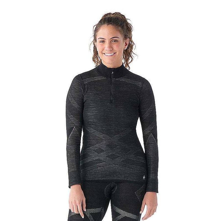 Women'S Smartwool Baselayers & Underwear | Intraknit Thermal Merino Base Layer 1/4 Zip For Women Black-White