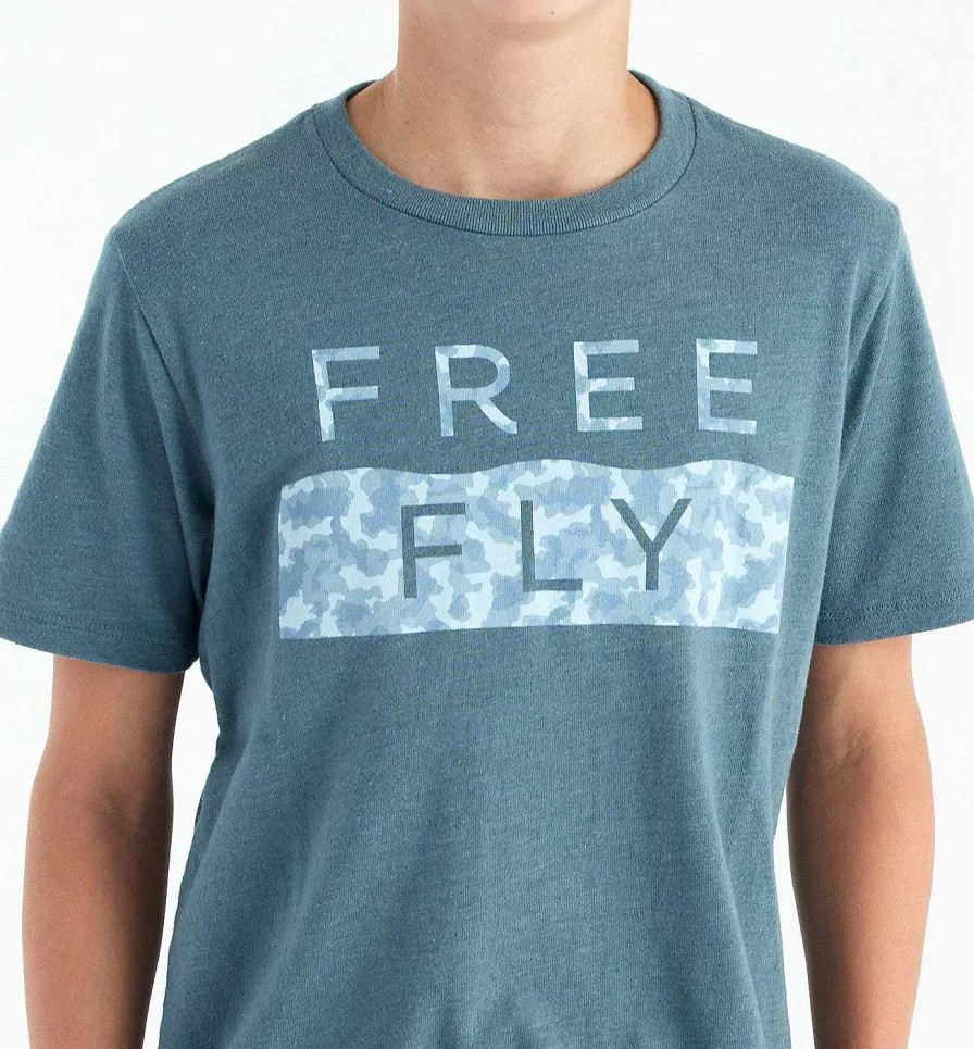 Kids' Free Fly Apparel Tops | Wave Camo Tee For Youth Heather Slate Blue