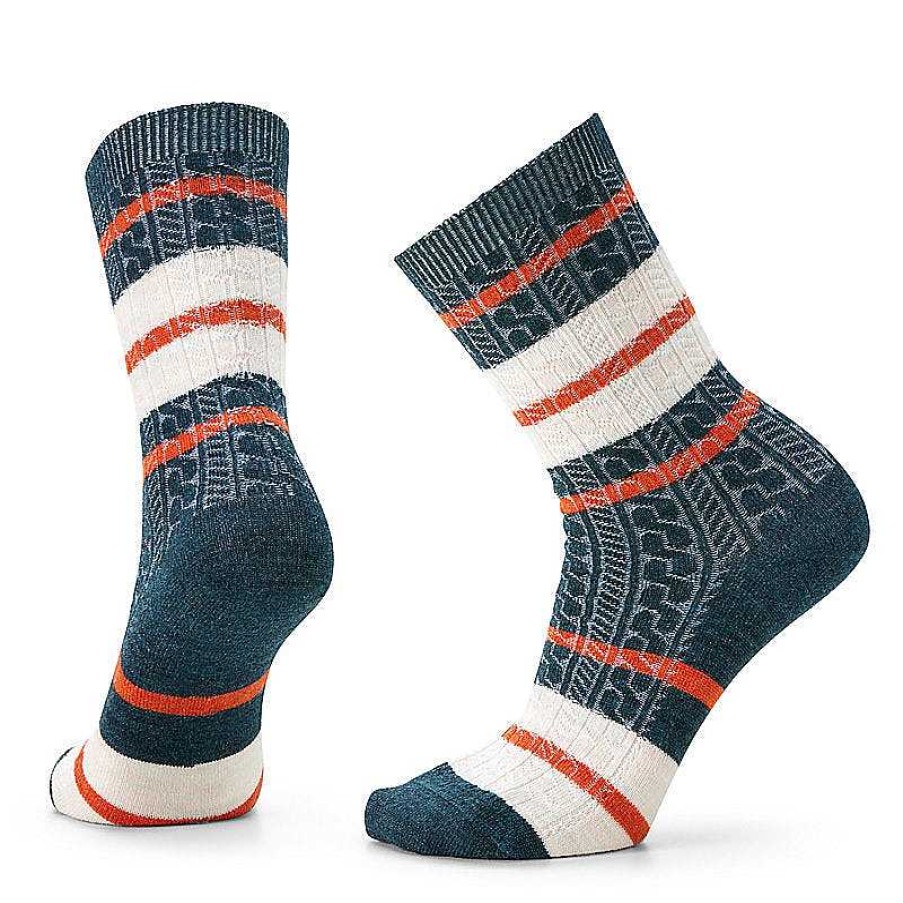 Women'S Smartwool Socks | Everyday Striped Cable Crew Socks For Women Twilight Blue