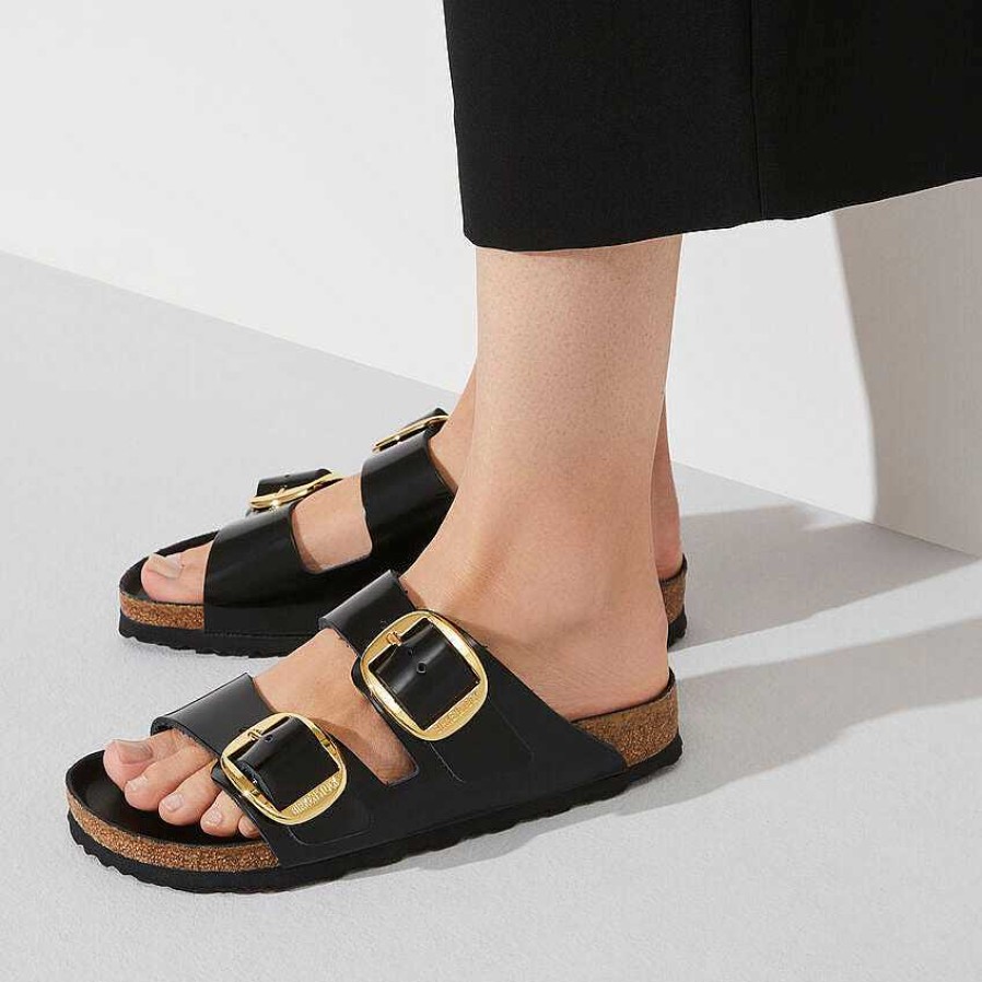 Footwear Birkenstock Sandals | Arizona Natural Leather Big Buckle Sandals For Women High Shine Black