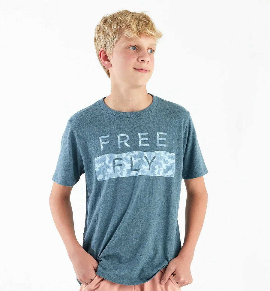 Kids' Free Fly Apparel Tops | Wave Camo Tee For Youth Heather Slate Blue